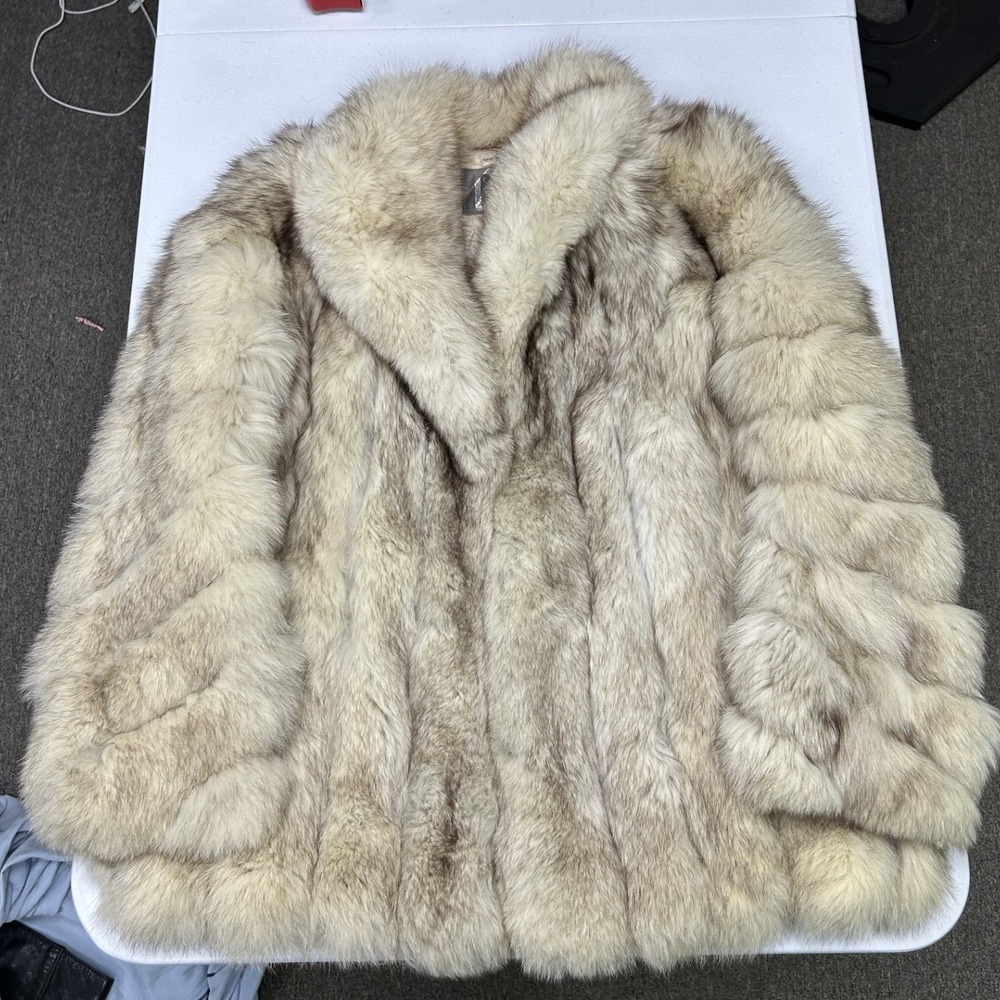 Saga Fox Fur Coat Womens L Cream Grey Genuine Blue Fox Heavyweight Luxury Jacket